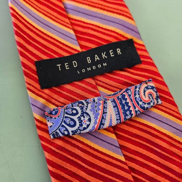 Ted Baker London Red Orange Purple Silk Striped Paisley Tie Necktie Made in USA - Picture 8 of 8